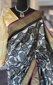 Pure Silk Ikat -  Silver Grey Black Pochampally