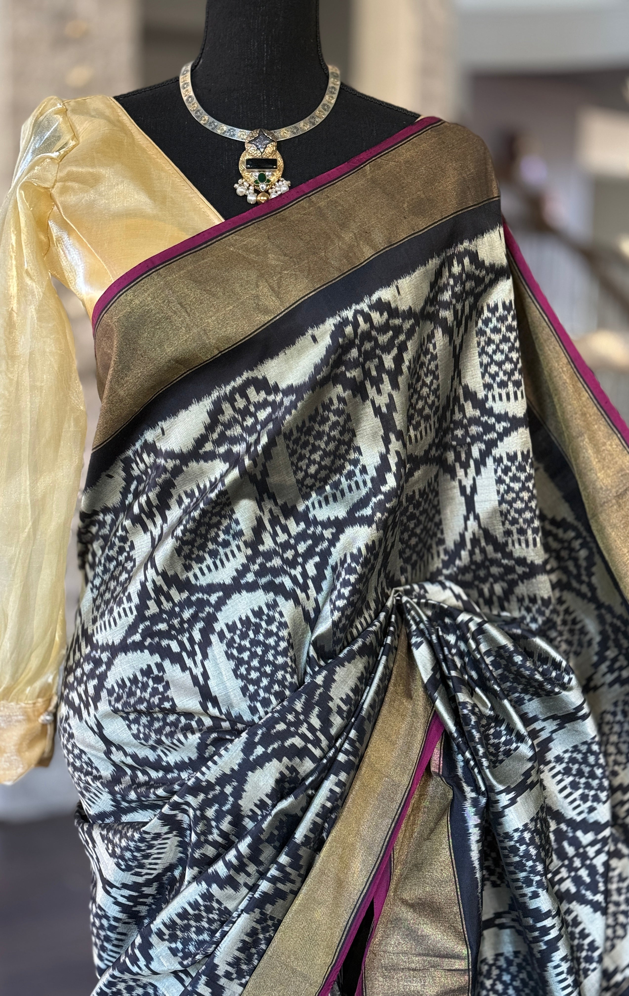 Pure Silk Ikat -  Silver Grey Black Pochampally