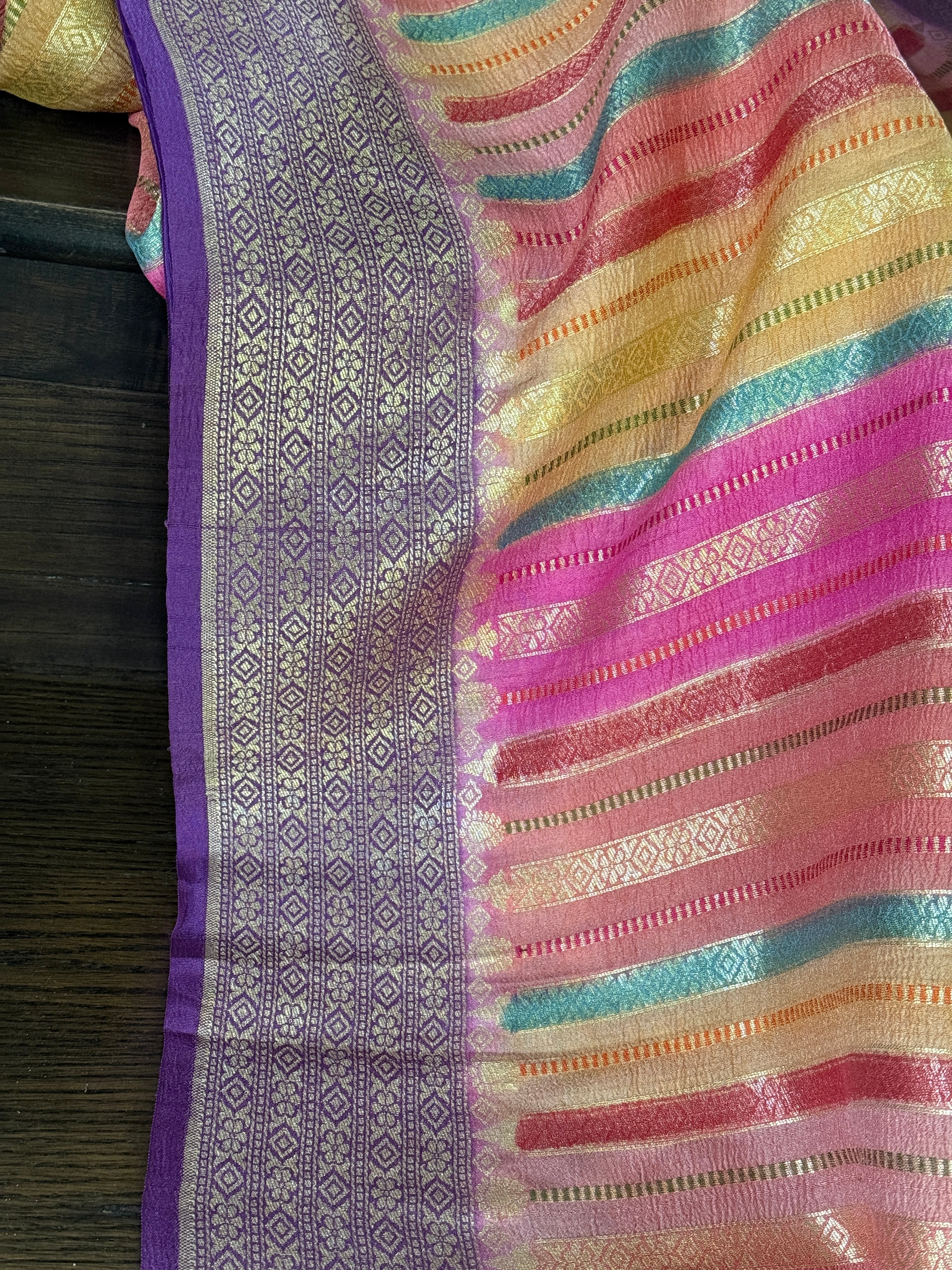 Khaddi Tussar Banarasi -  Pink Multi color Purple