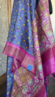 Pure Tussar Silk Digital Printed -  Blue Magenta Patola