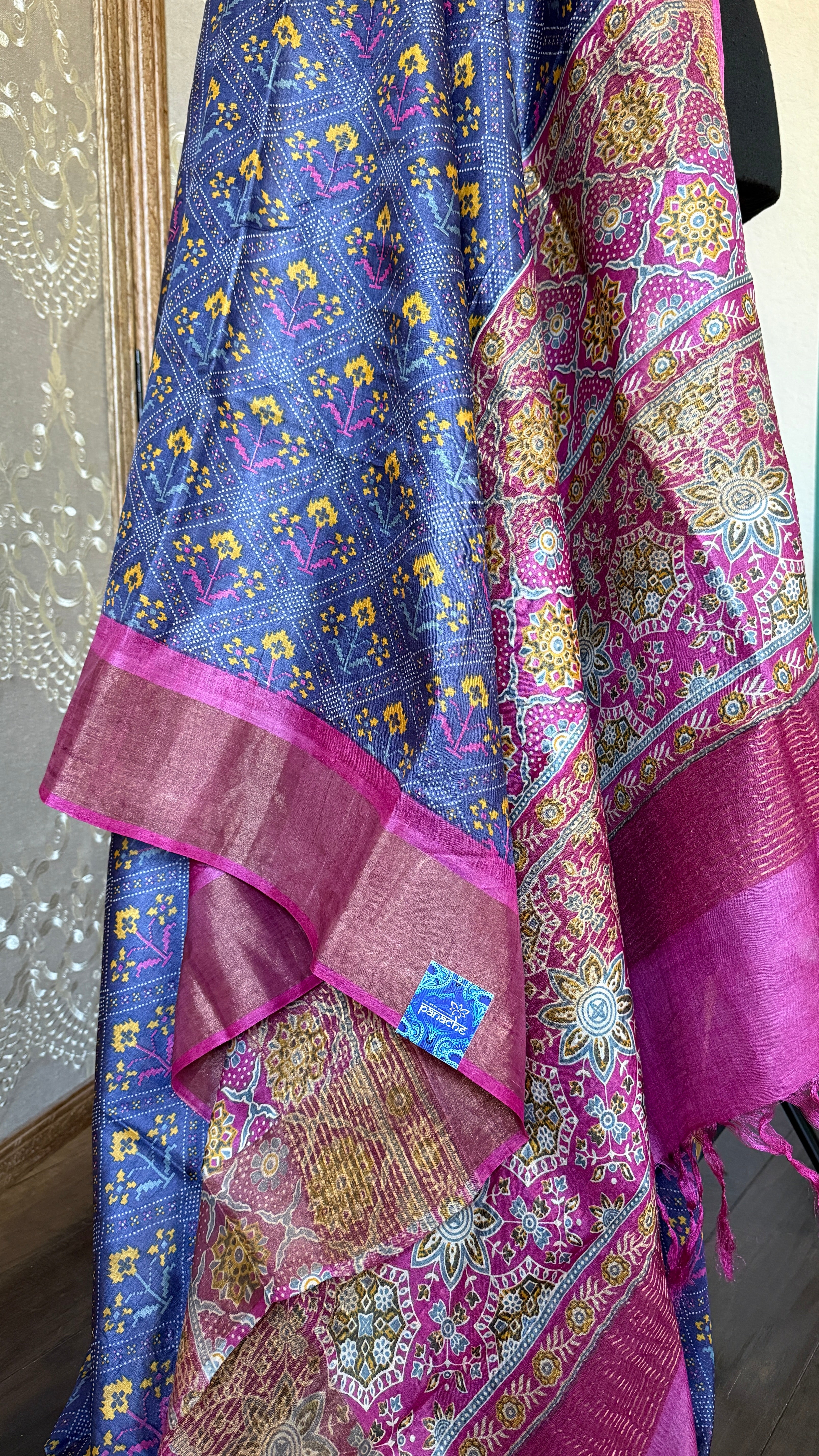 Pure Tussar Silk Digital Printed -  Blue Magenta Patola