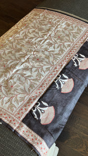 Pure Tussar Silk Kantha Stitch -  Black White Grey Red