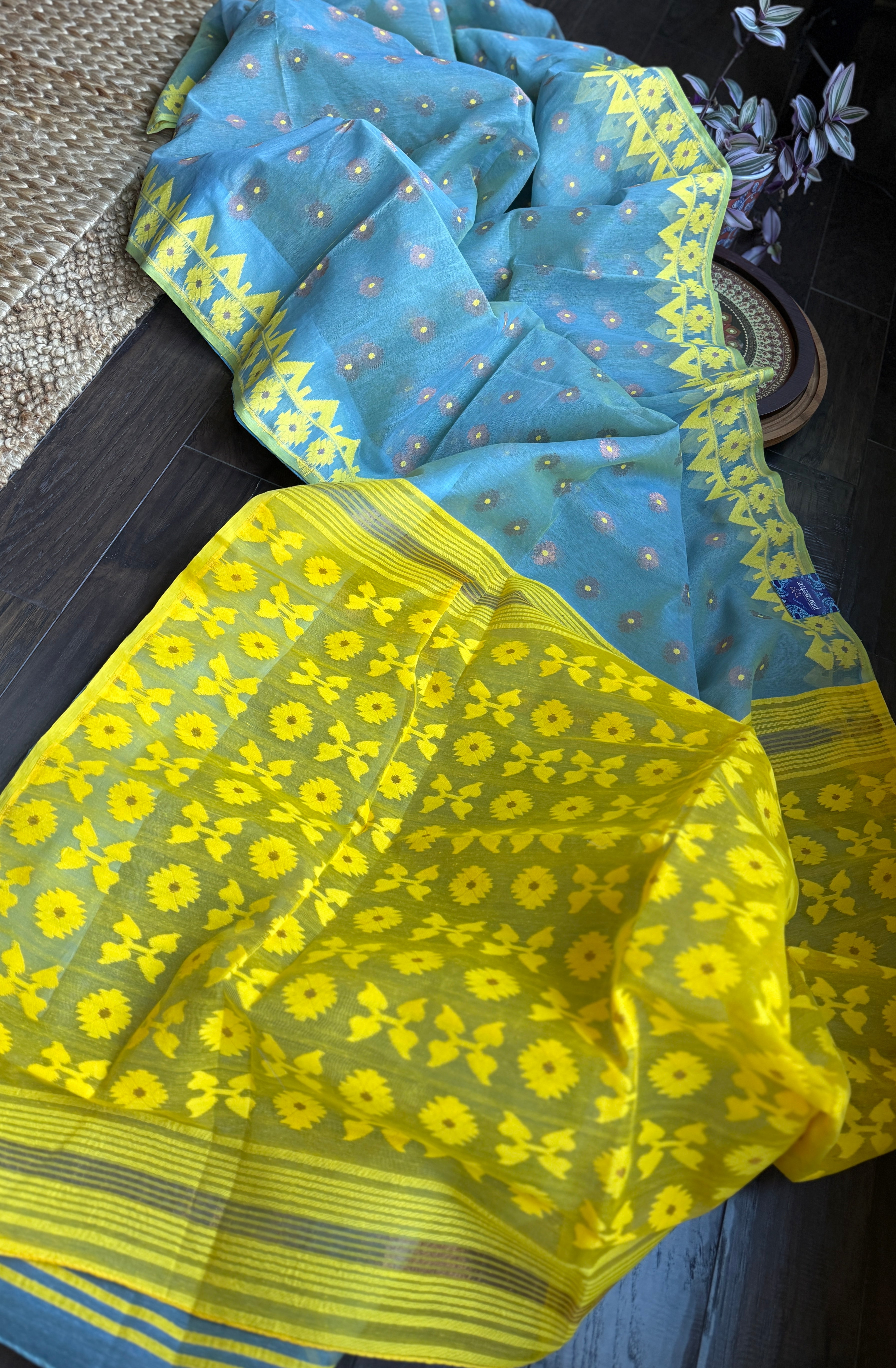 Dhakai Jamdani  - Light Blue Yellow Copper Zari  Woven