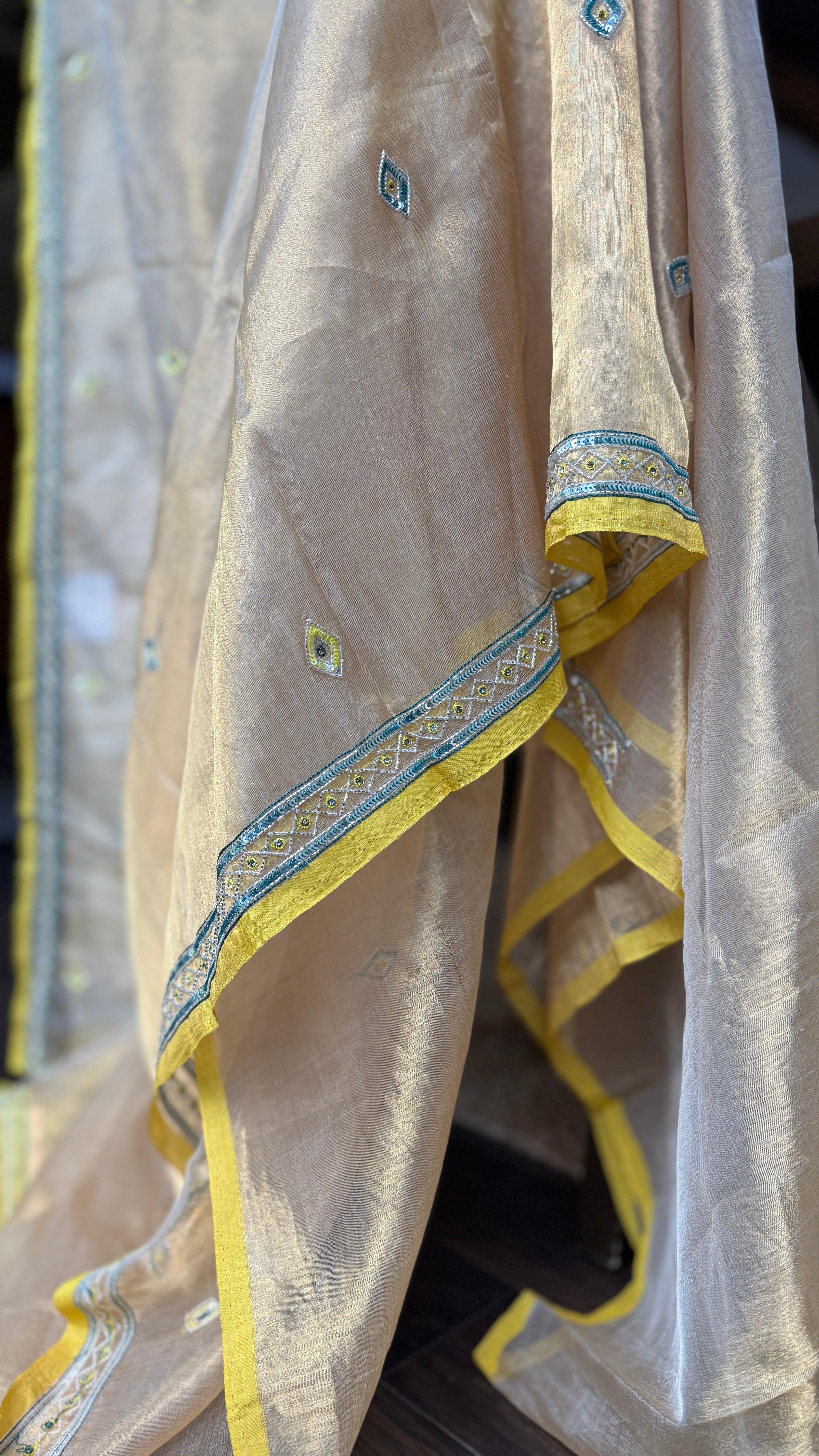 Hand Zardozi Pure Chanderi Tissue Silk - Golden Yellow Woven