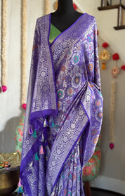 Tussar Georgette Banarasi - Purplish Blue Multi Meenakari