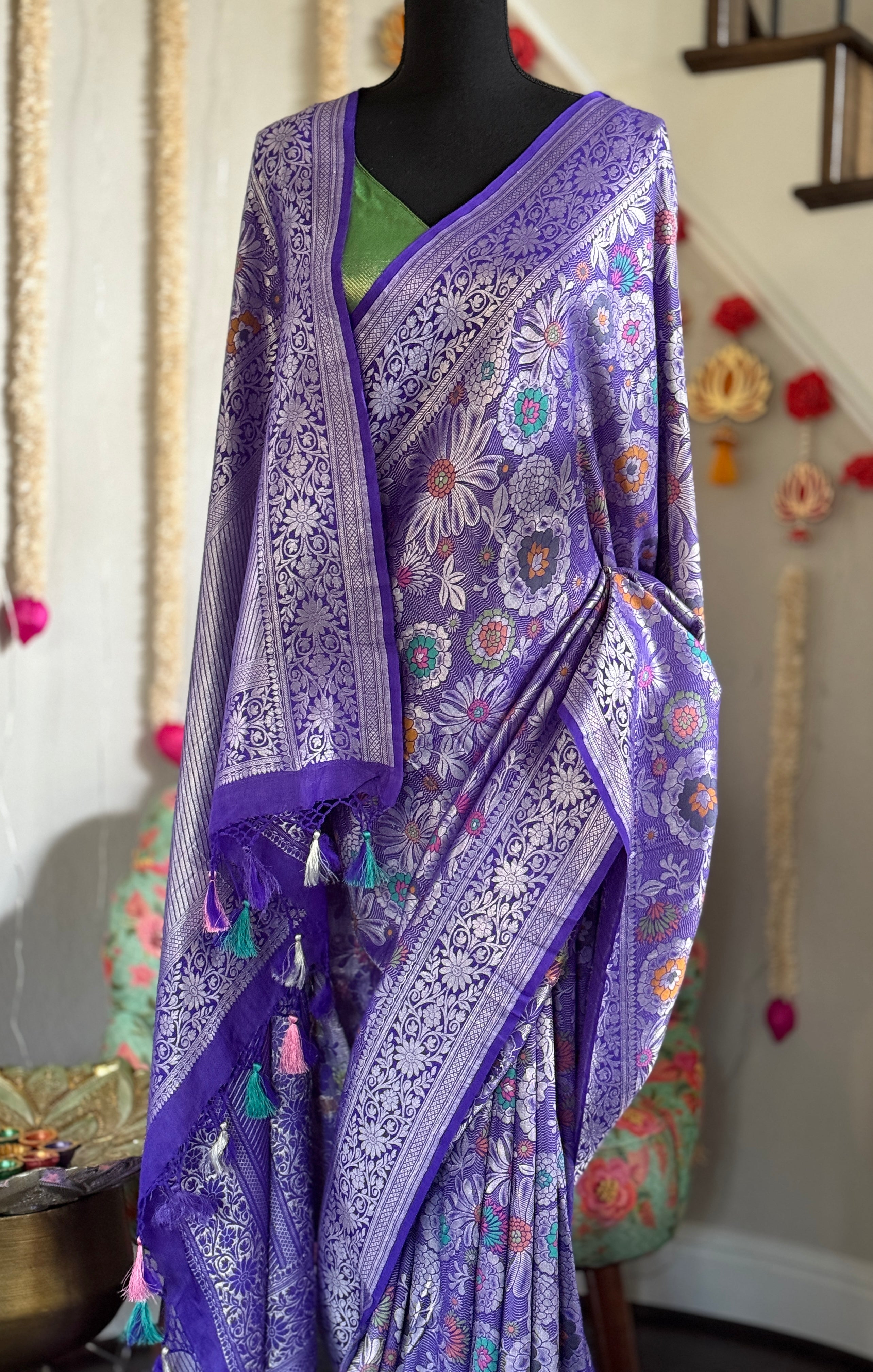 Tussar Georgette Banarasi - Purplish Blue Multi Meenakari