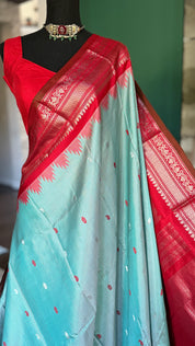 Pure Silk Gadwal - Light Blue Red Checkered