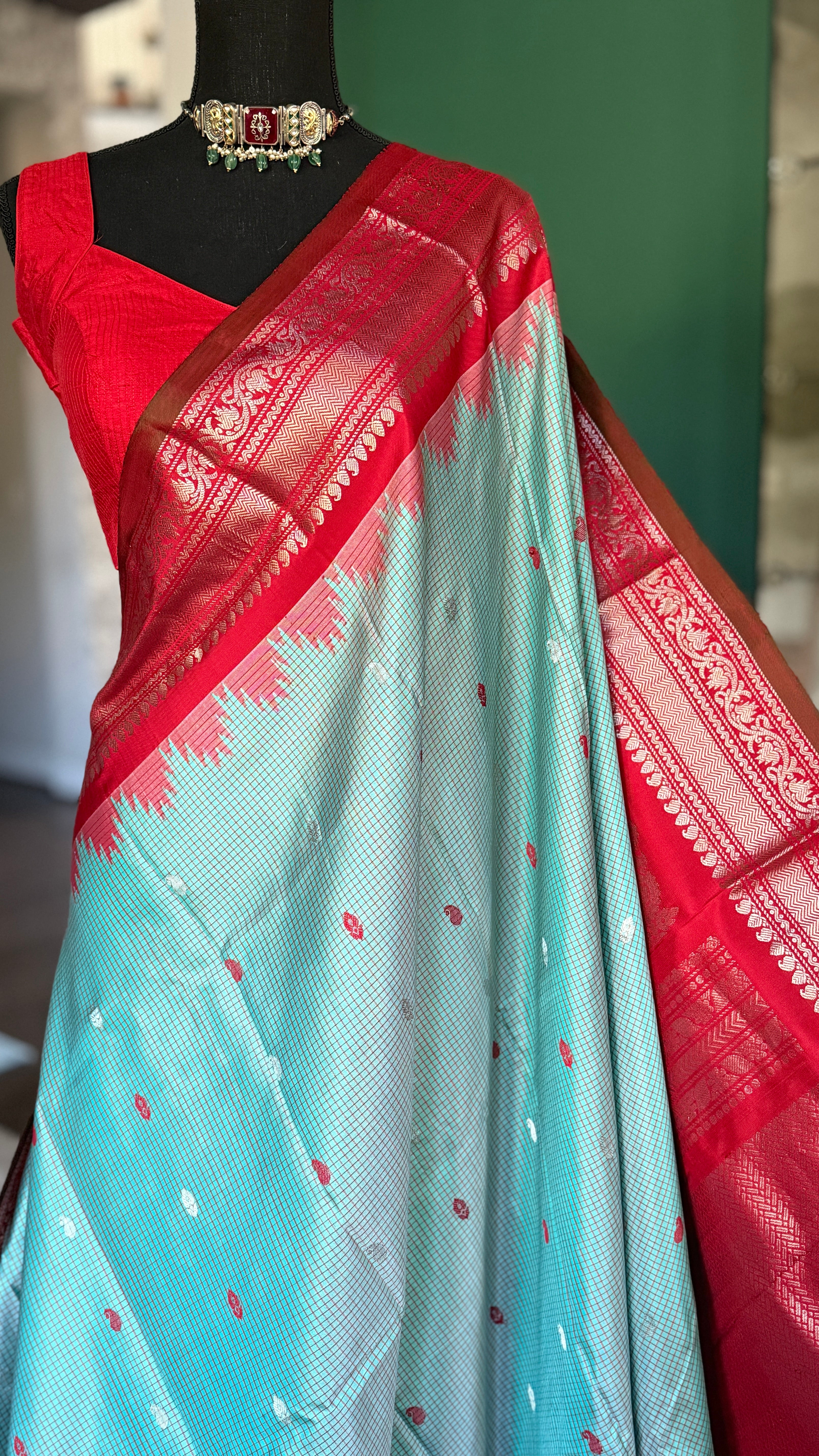 Pure Silk Gadwal - Light Blue Red Checkered