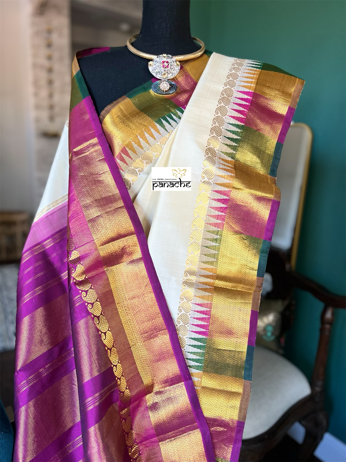 Silk Kanjivaram - Cream Purple Rangkat