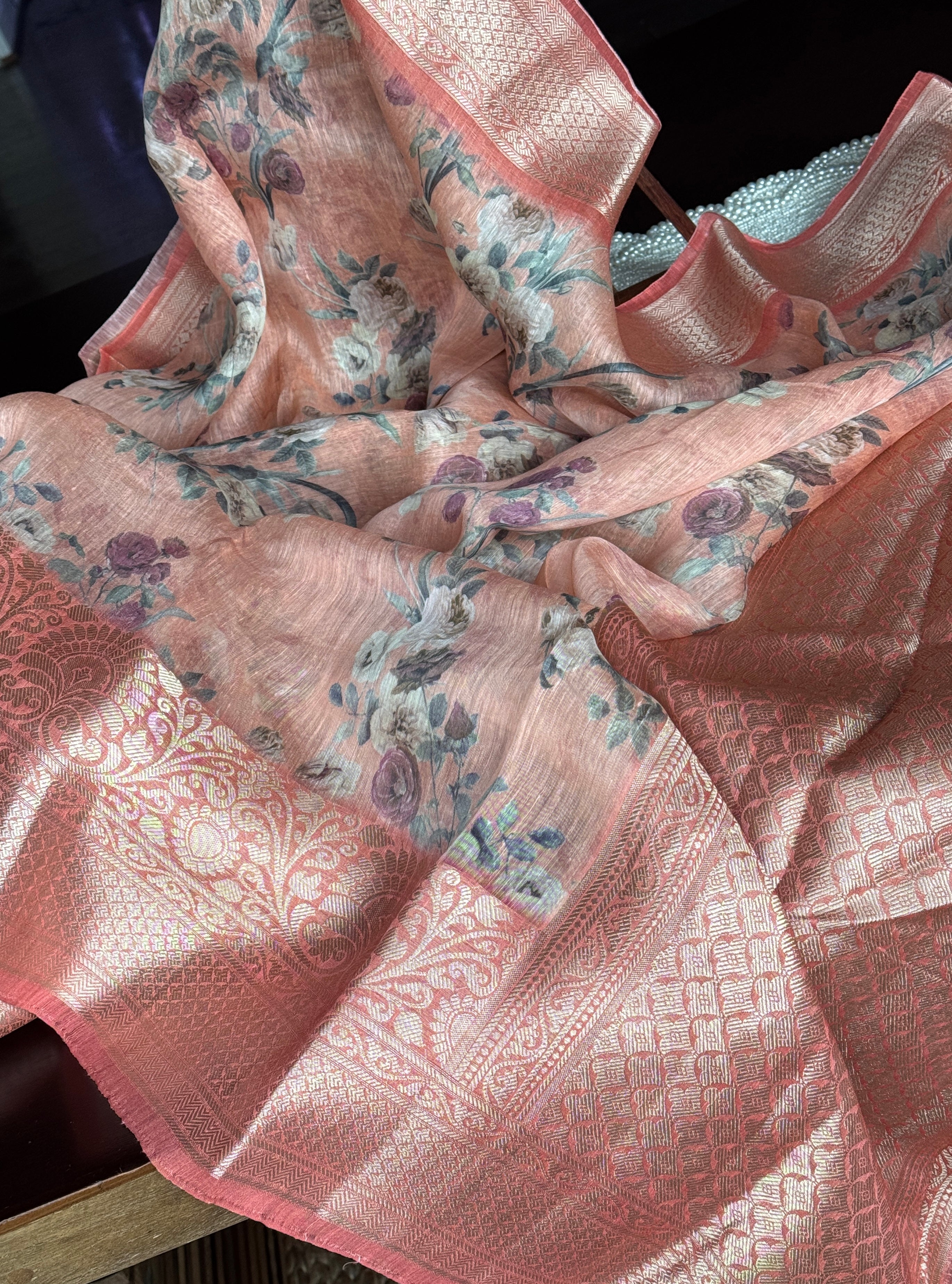 Pure Silk Linen Banarasi - Peach Floral Digital Print