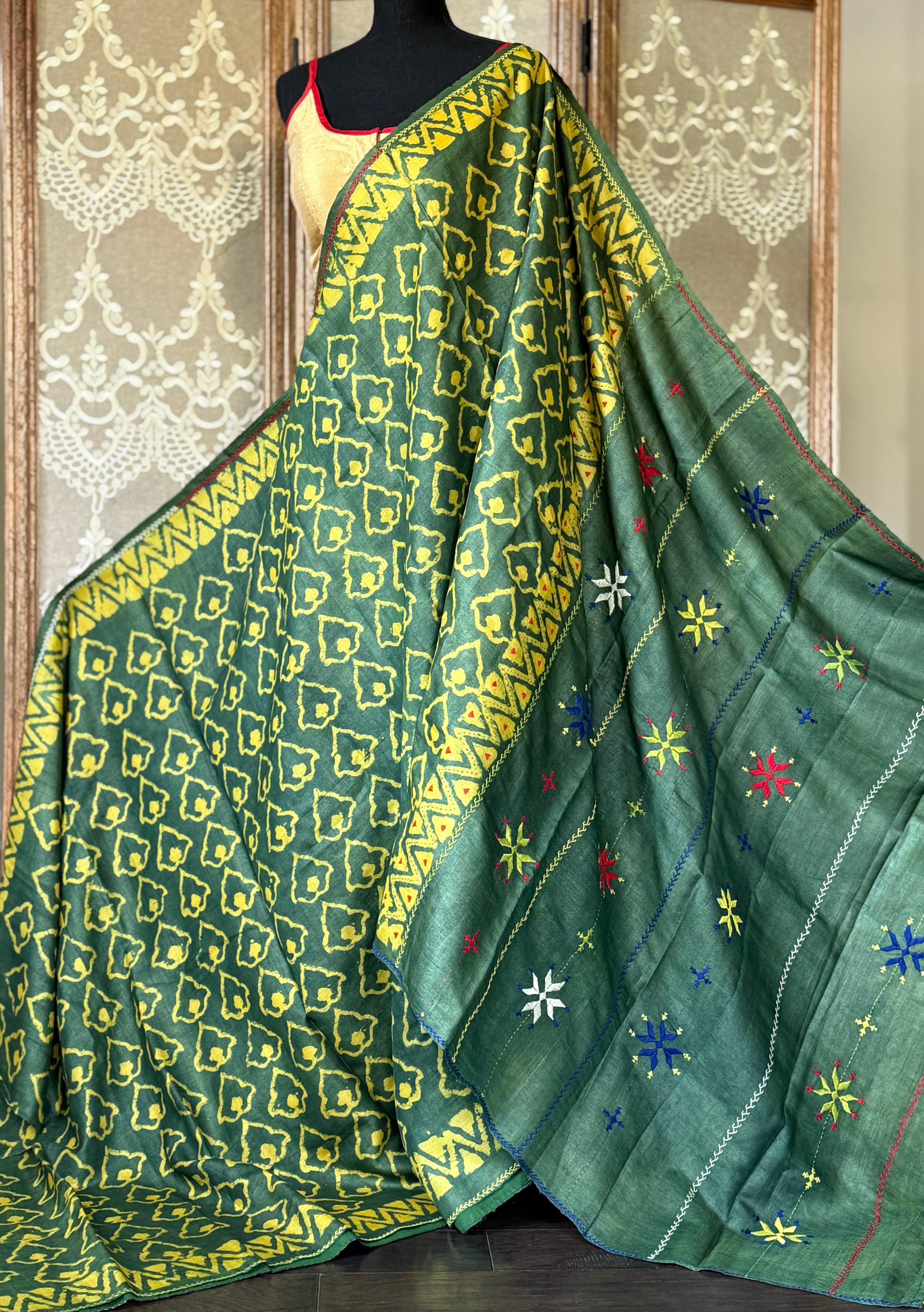 Pure Tussar Silk - Bottle Green Yellow Printed Lambani