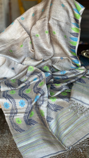 Pure Tussar Silk Jamdaani - Grey Multi Color