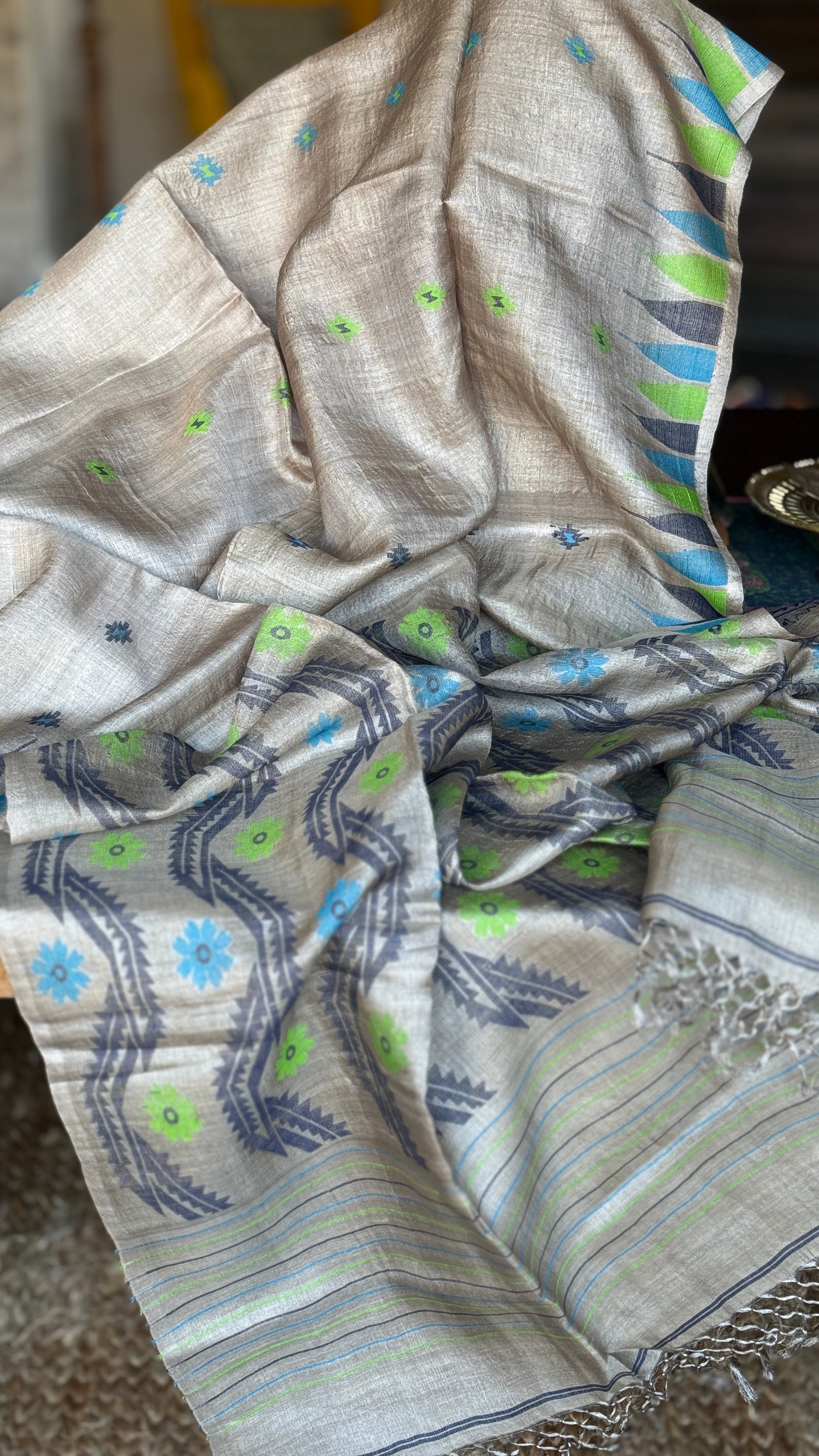 Pure Tussar Silk Jamdaani - Grey Multi Color
