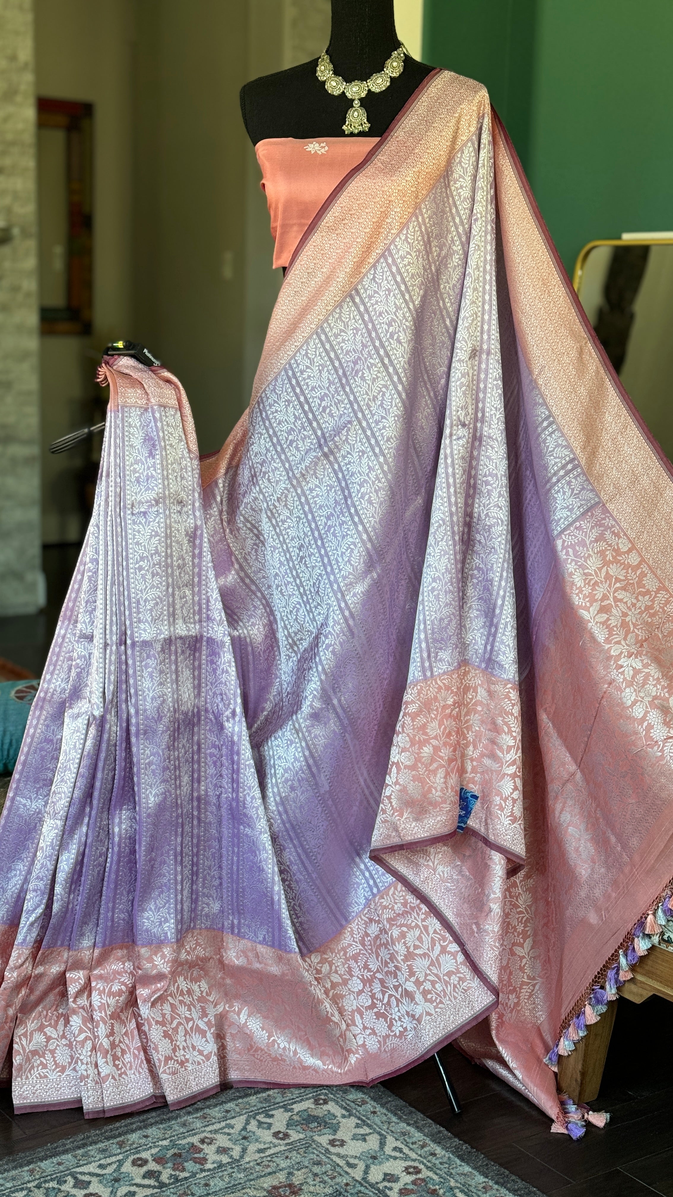 Pure Katan Tissue Silk Banarasi - Lavender Peach Tanchui