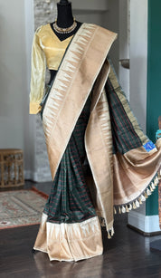 Pure Tassur Silk Banarasi - Dark Black Avocado Green Striped