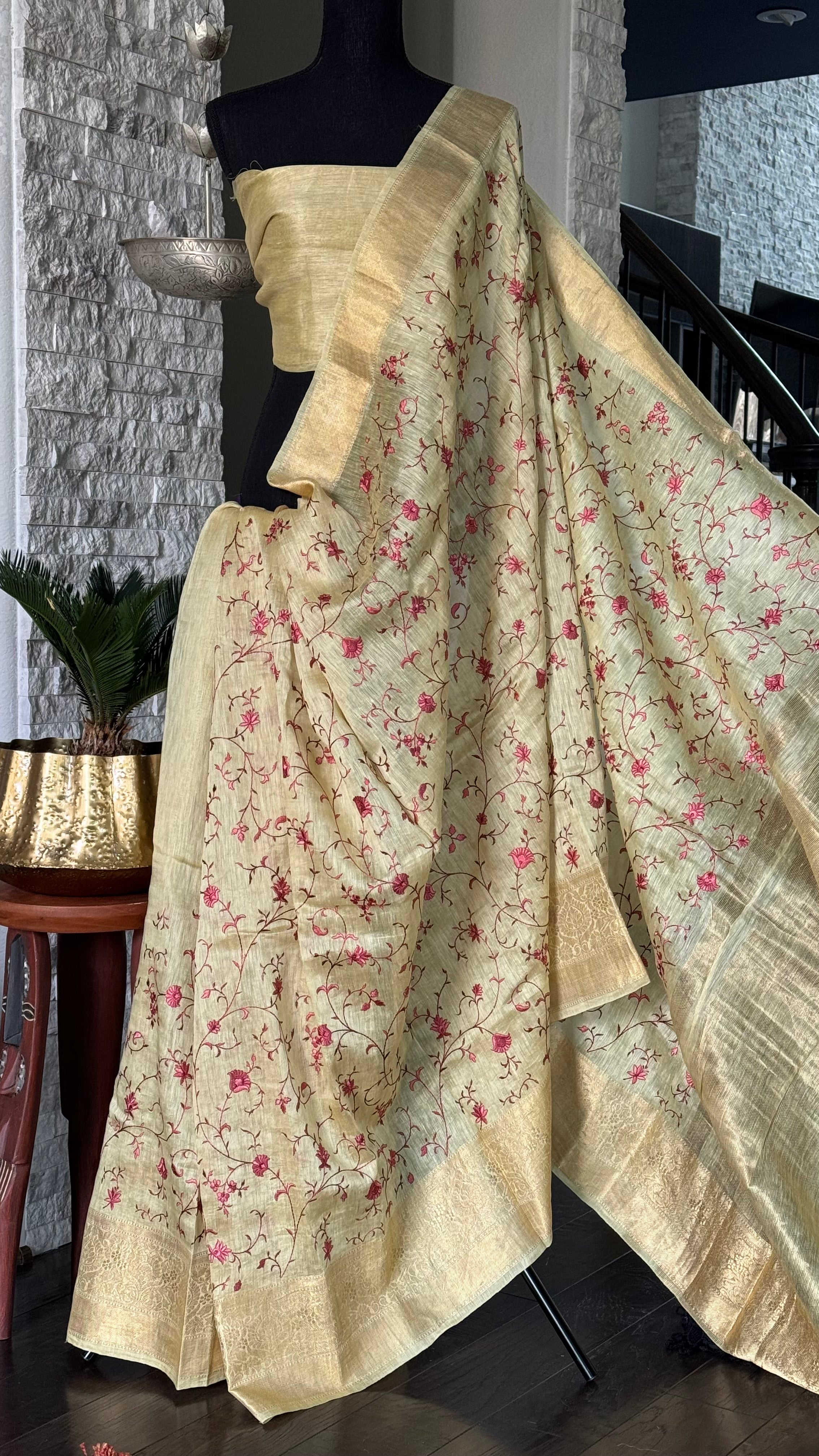 Embroidered Linen Silk Banarasi- Light Greenish Yellow