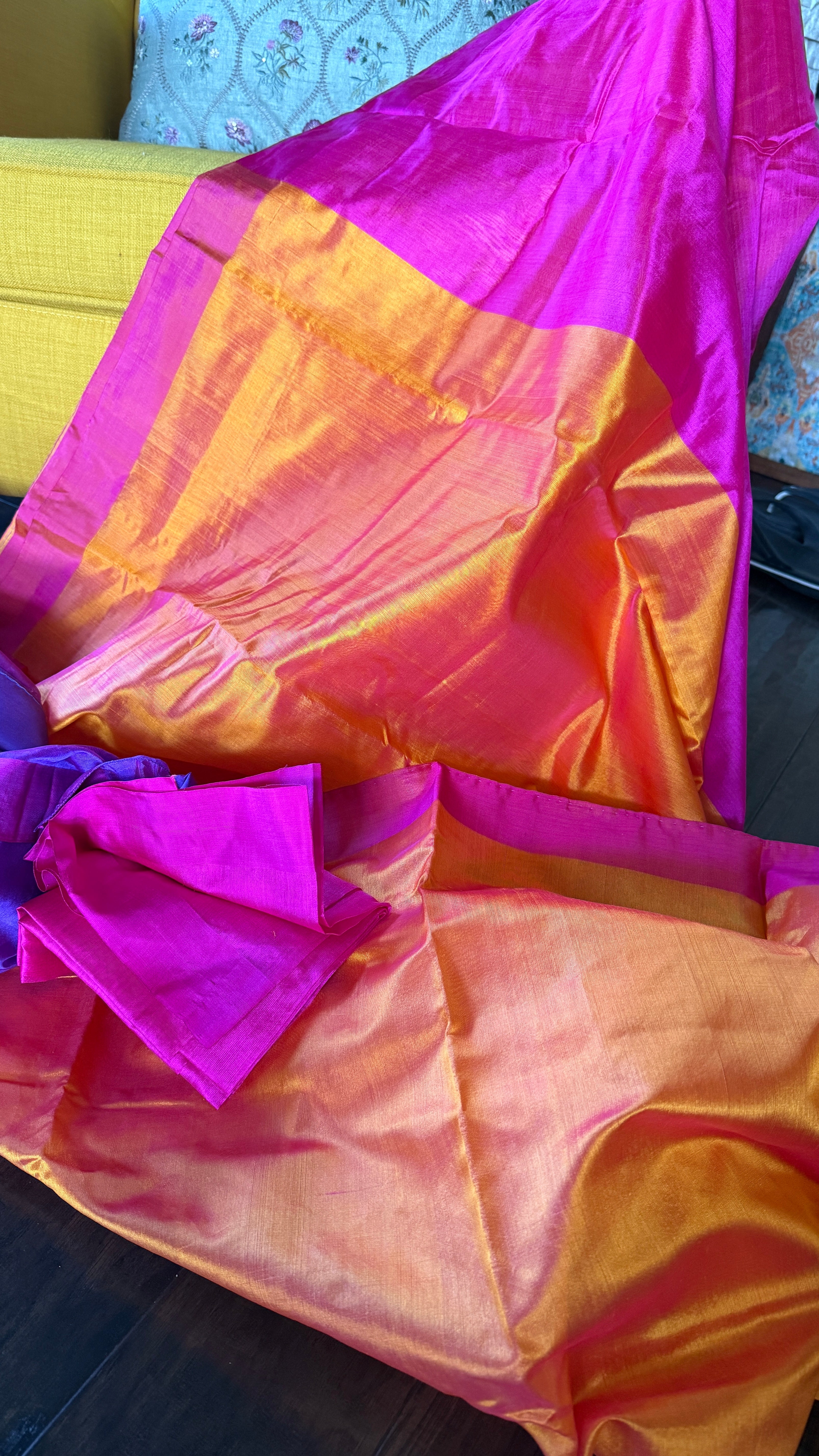 Pure Chanderi Pattu Silk - Sunrise Orange Pink