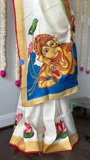 Hand Painted Tussar Silk - Cream White Ganesha