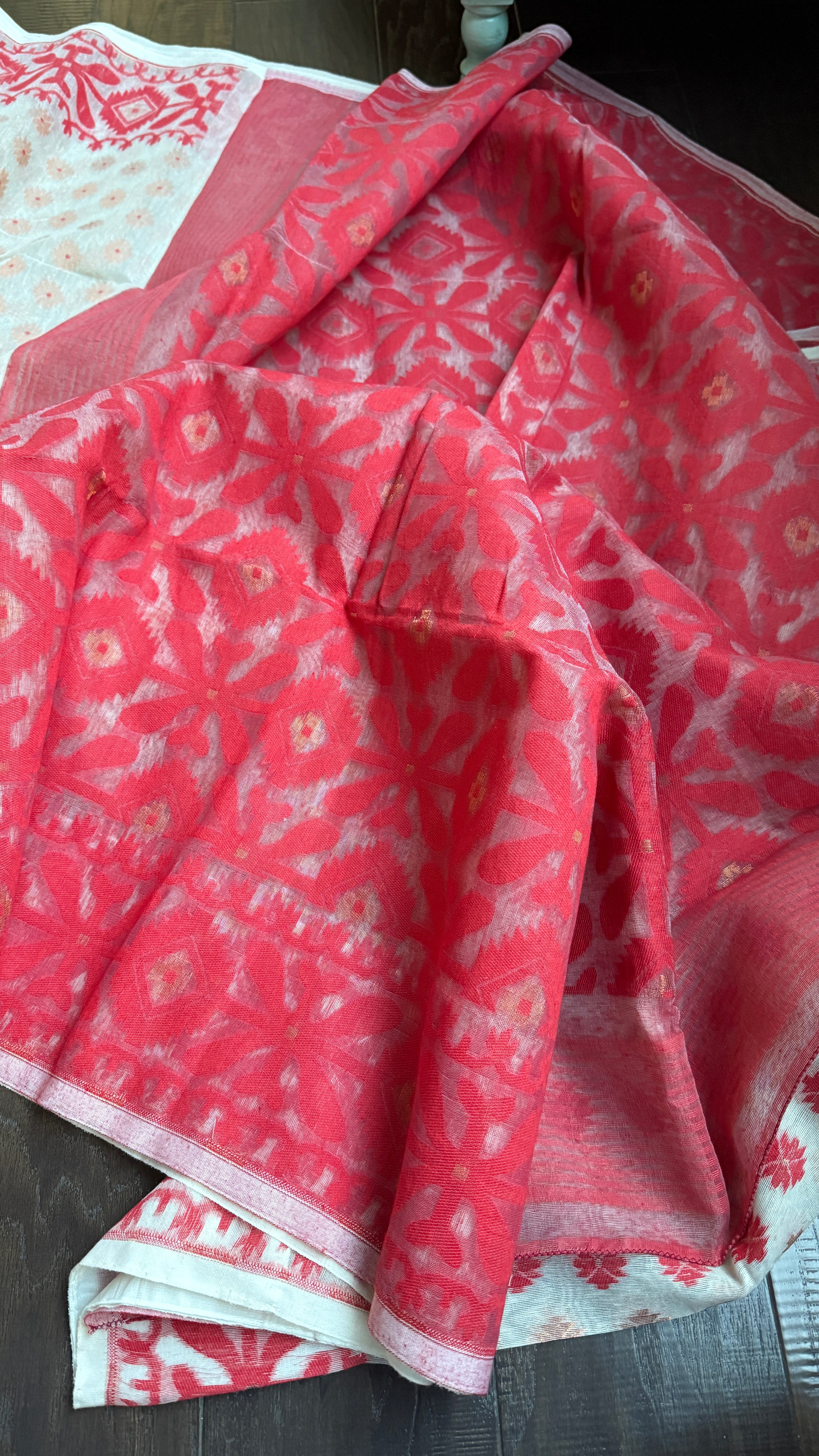 Jamdani  - Off-white Red Copper Zari Woven