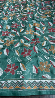 Pure Tussar Silk Kantha Stitch -  Dark Green Multi Color
