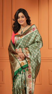 Pure Silk Paithani Brocade Banarasi- Dark Green