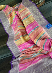 Khaddi Tussar Banarasi -  Pink Multi color Purple