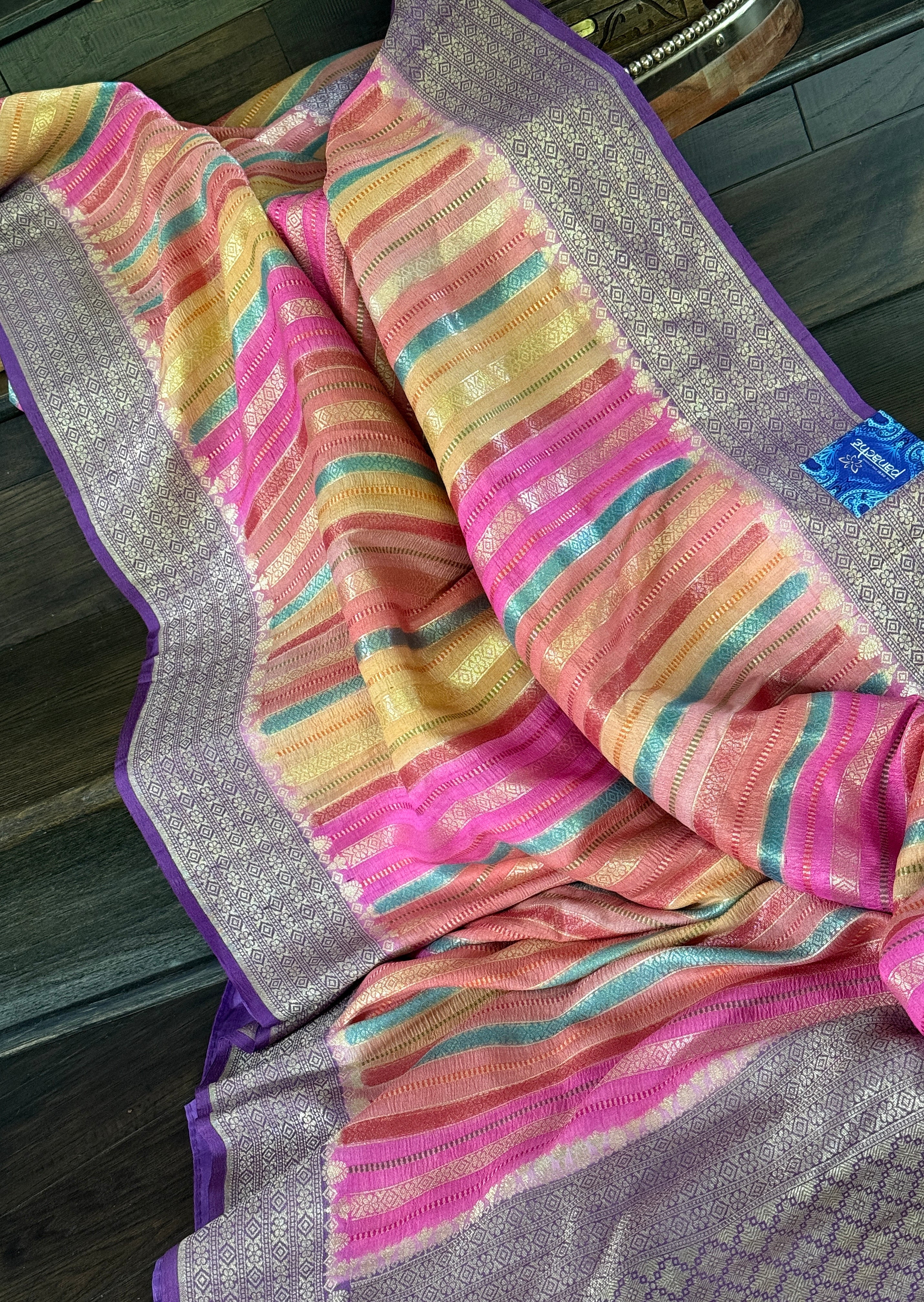 Khaddi Tussar Banarasi -  Pink Multi color Purple