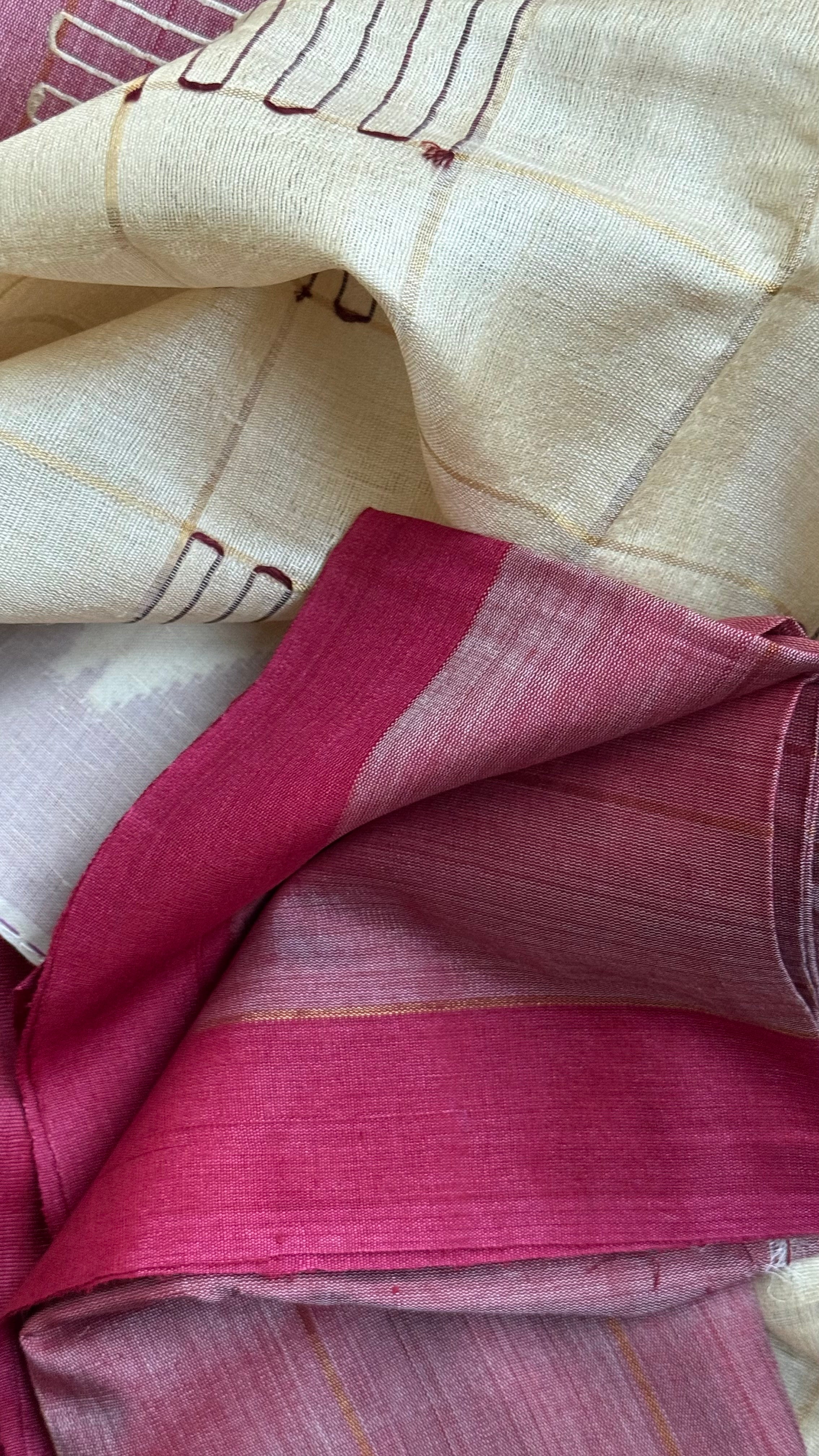 Pure Tussar Silk - Beige Maroon