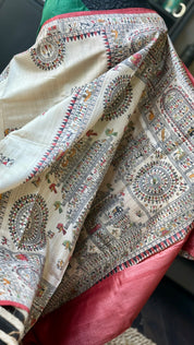Pure Tussar Silk - Beige Worli Printed
