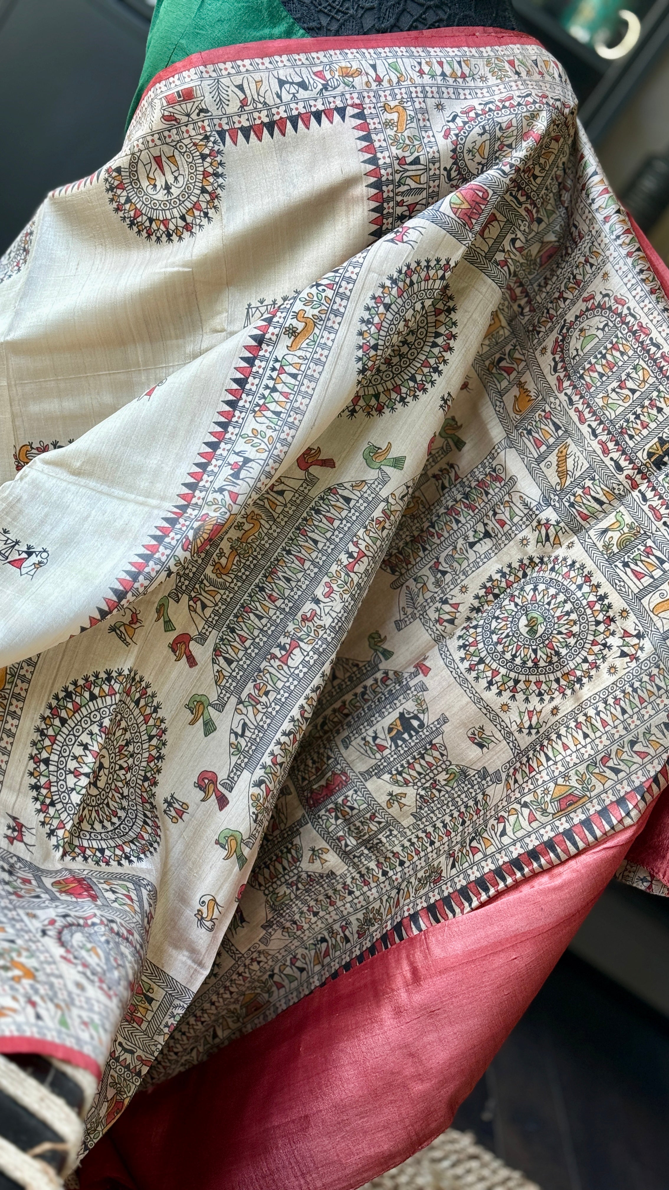 Pure Tussar Silk - Beige Worli Printed