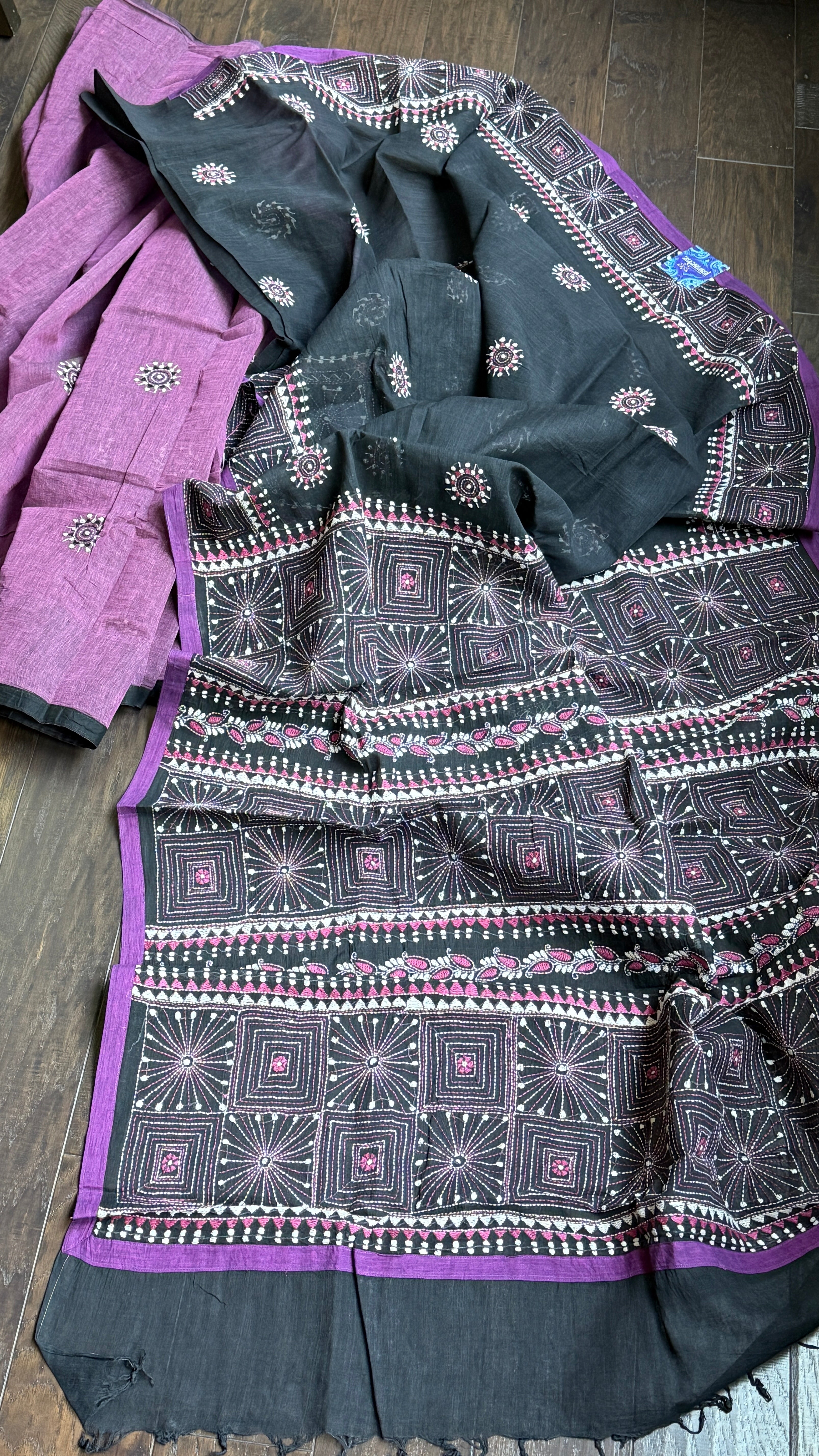 Cotton Kantha Stitch -  Mauve Purple Black Half Half