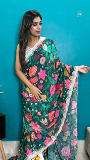 Designer Crepe Satin - Green Multi Color