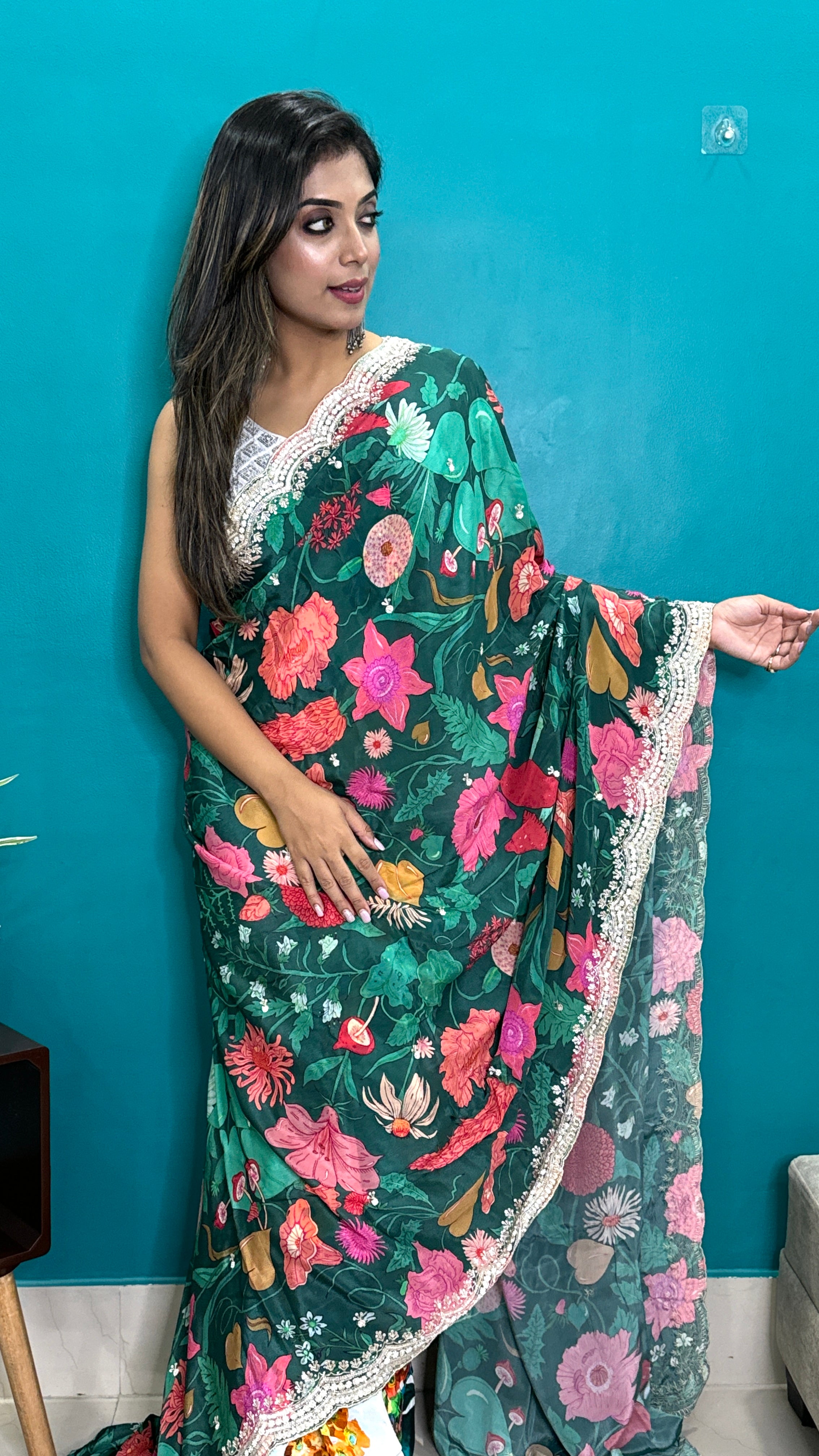 Designer Crepe Satin - Green Multi Color