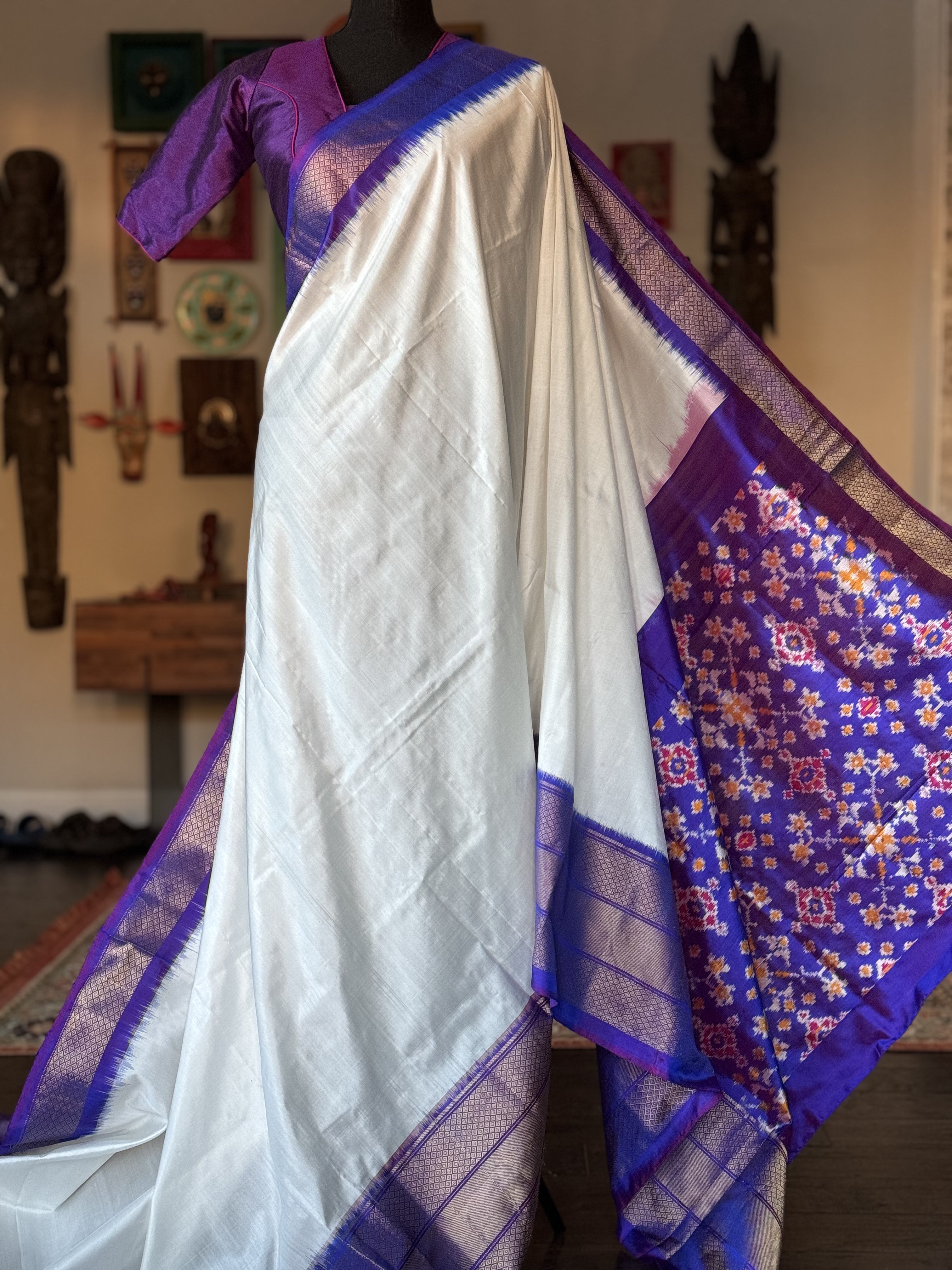 Pure Silk Ikat - White Purple Pochampally