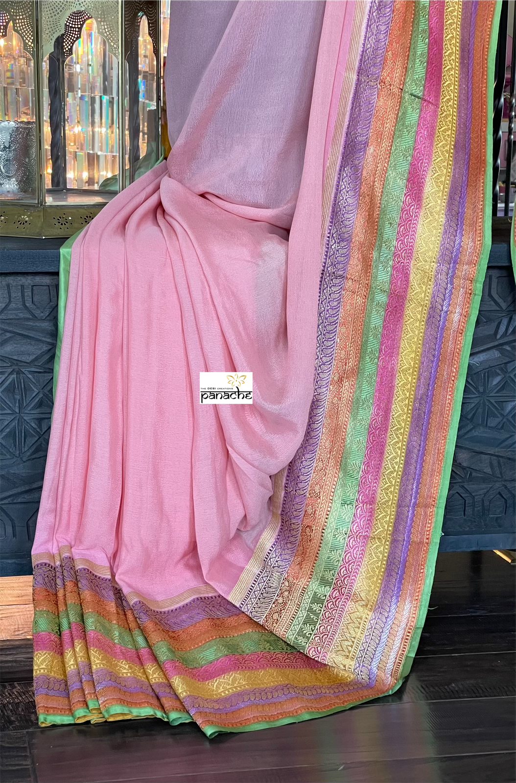 Khaddi Georgette Banarasi - Pink Multi color Hand Brushed