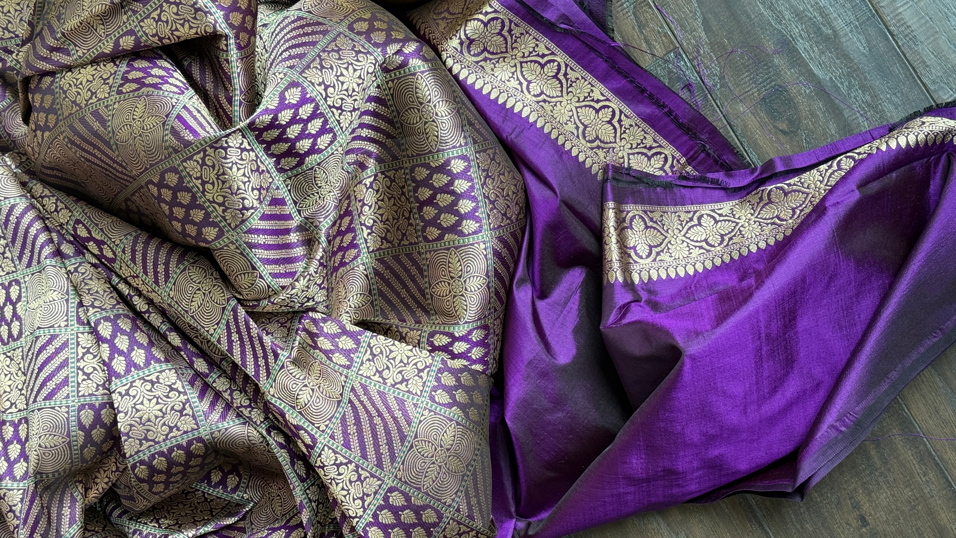 Pure Silk Katan Banarasi- Purple Antique Gold Zari