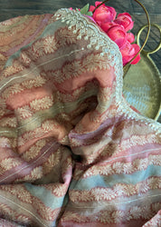 Designer Organza Leheriya - Light Rust Pink Multi Color