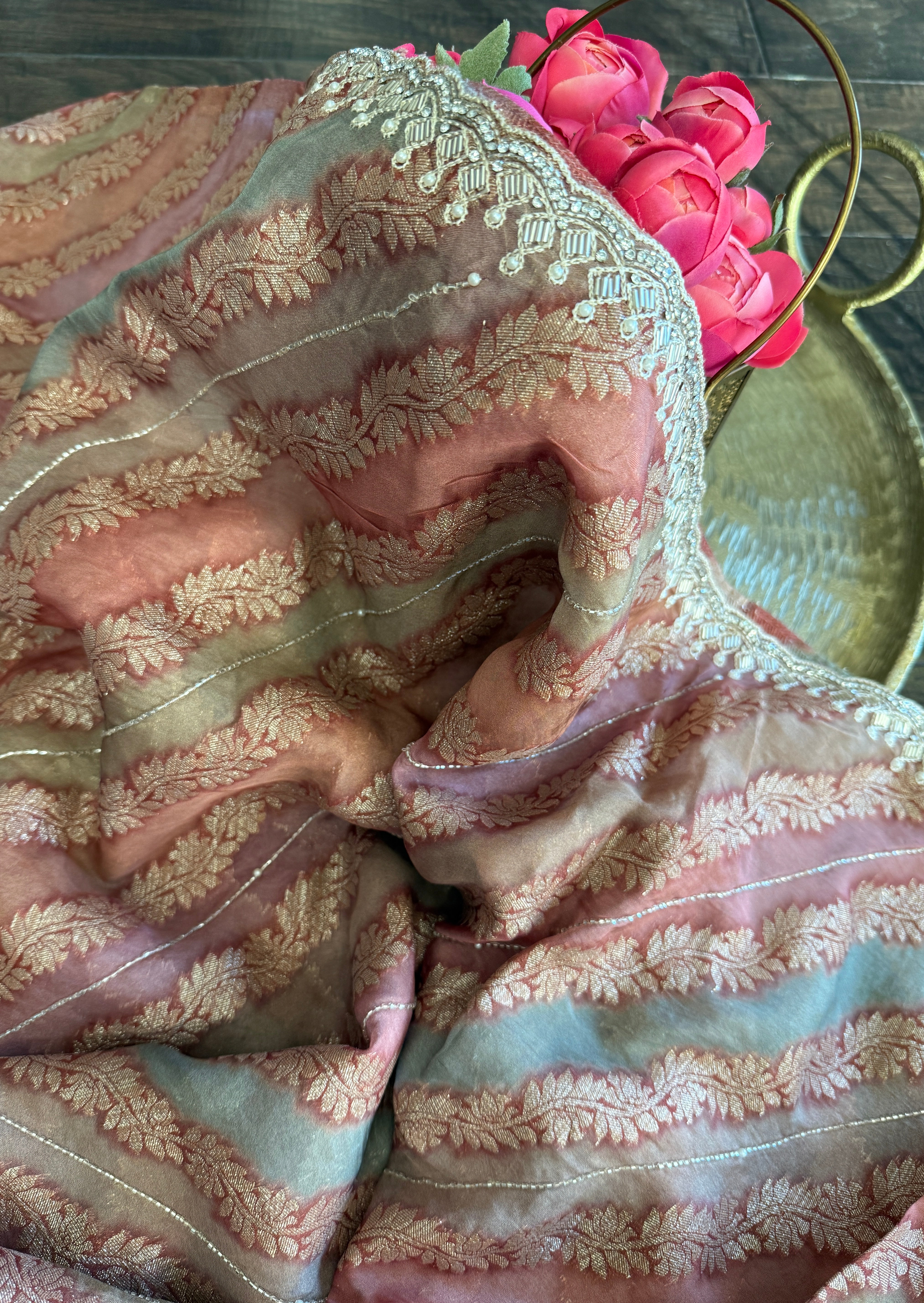 Designer Organza Leheriya - Light Rust Pink Multi Color