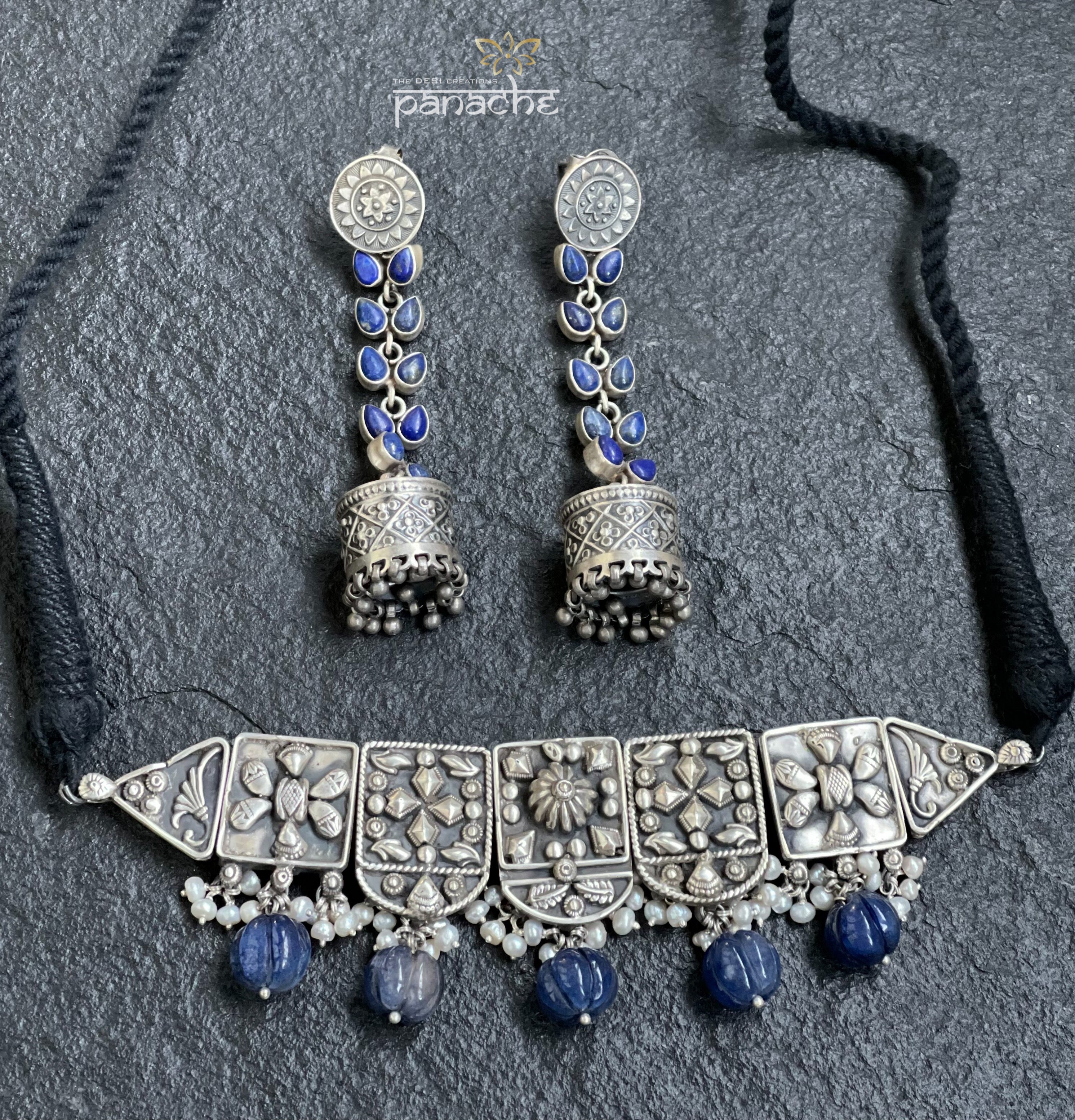 Pure Silver 925 Choker - Antique Lapis