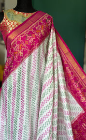 Pure Silk Ikat -  Offwhite Green Magenta