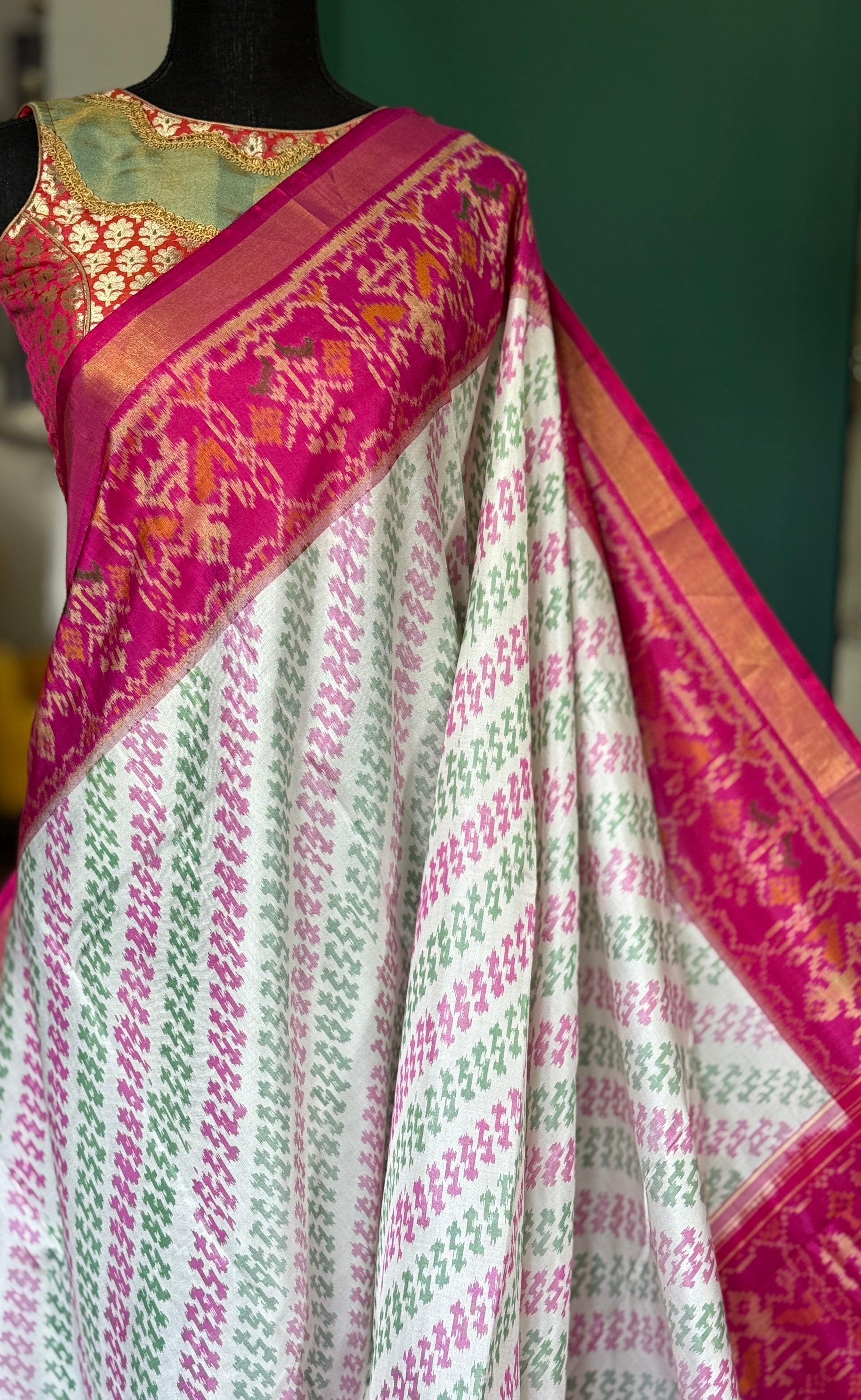 Pure Silk Ikat -  Offwhite Green Magenta