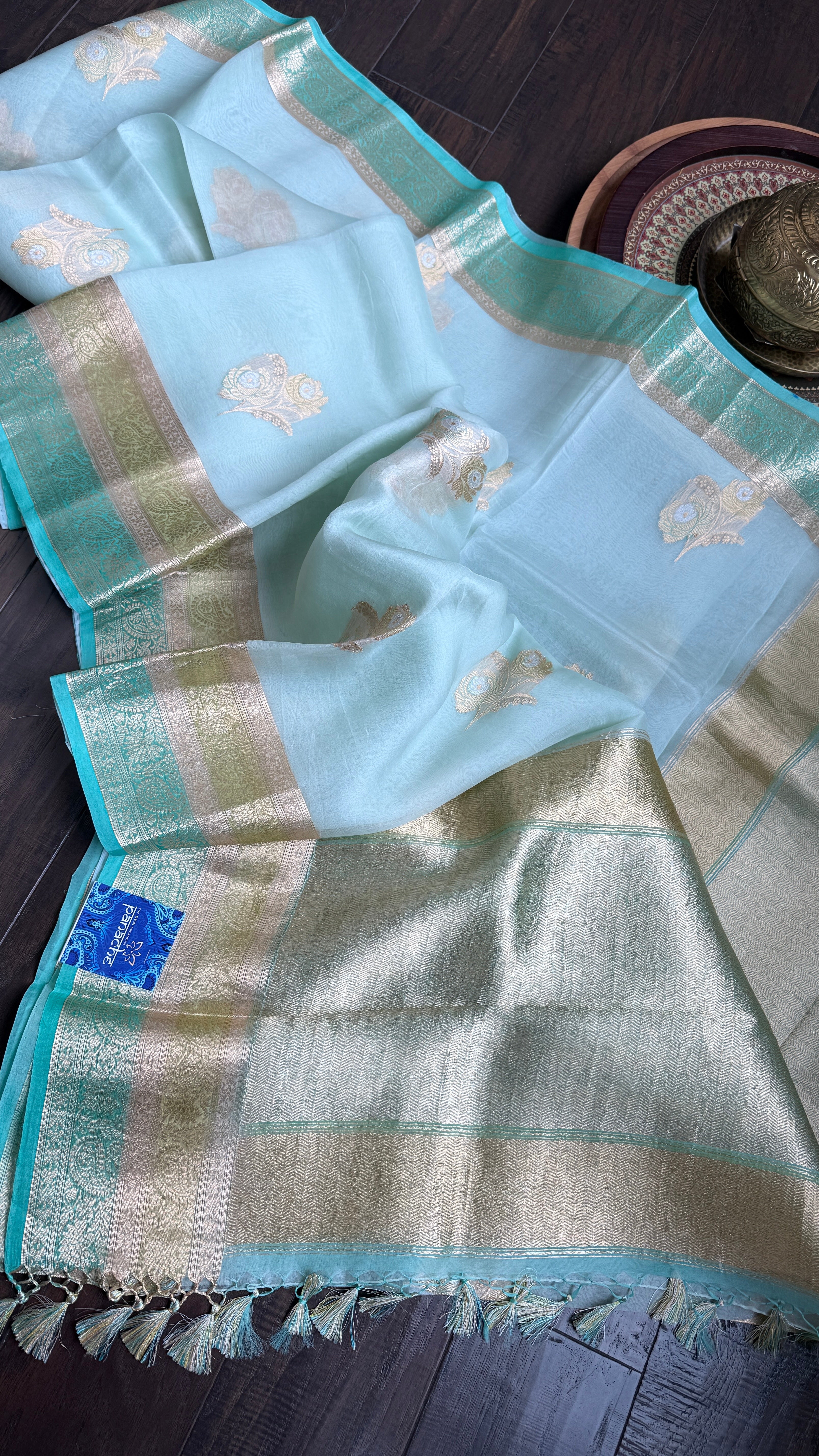 Kora Silk Banarsi - Mint Blue Kadwa