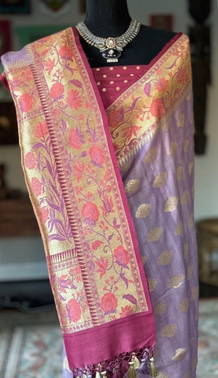 Khaddi Tussar Banarasi -  Light Purple Mauve Tilfi Antique Zari