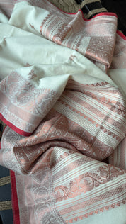 Pure Khadi Cotton Handloom - Off White Red Copper Zari