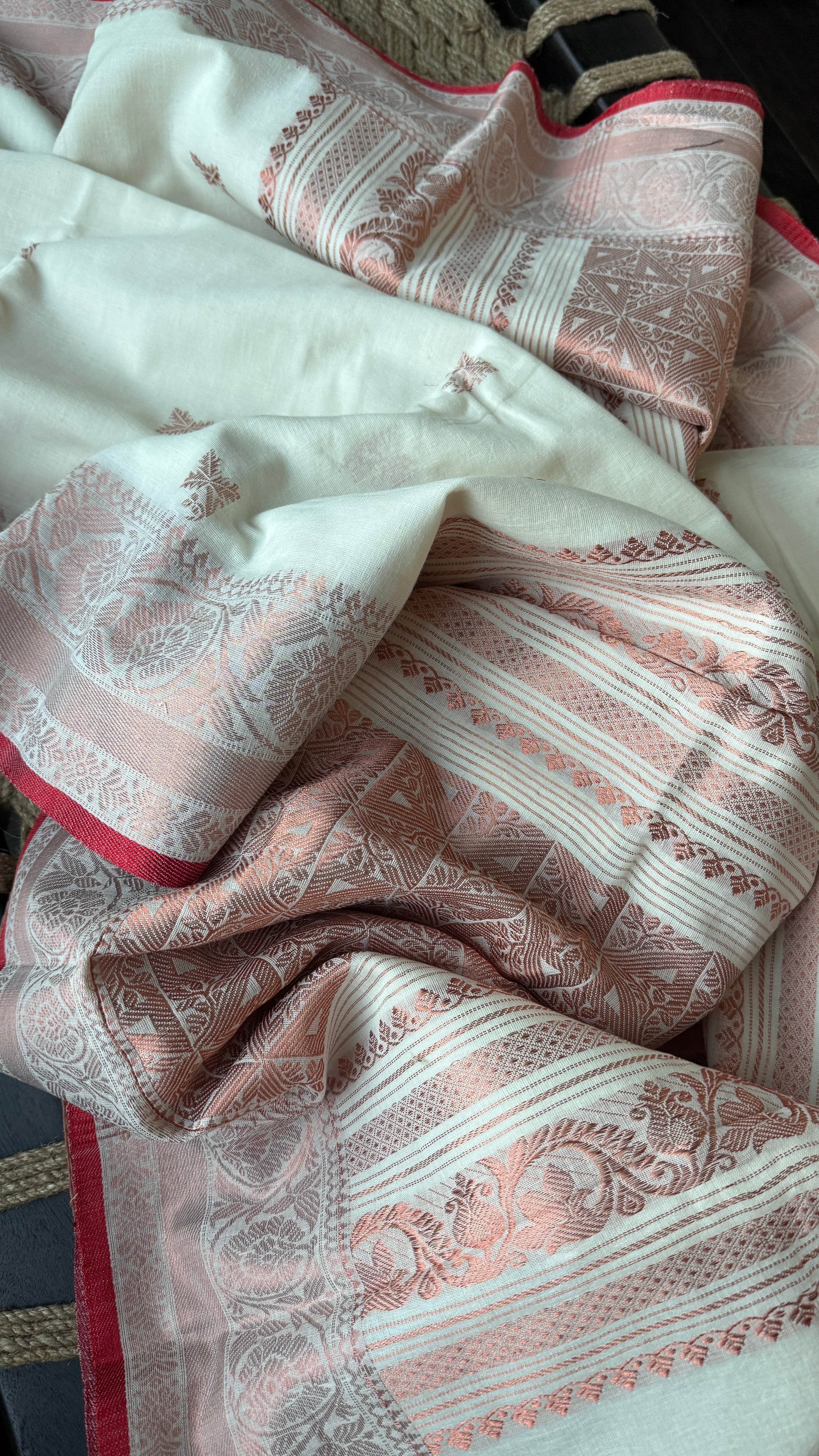 Pure Khadi Cotton Handloom - Off White Red Copper Zari