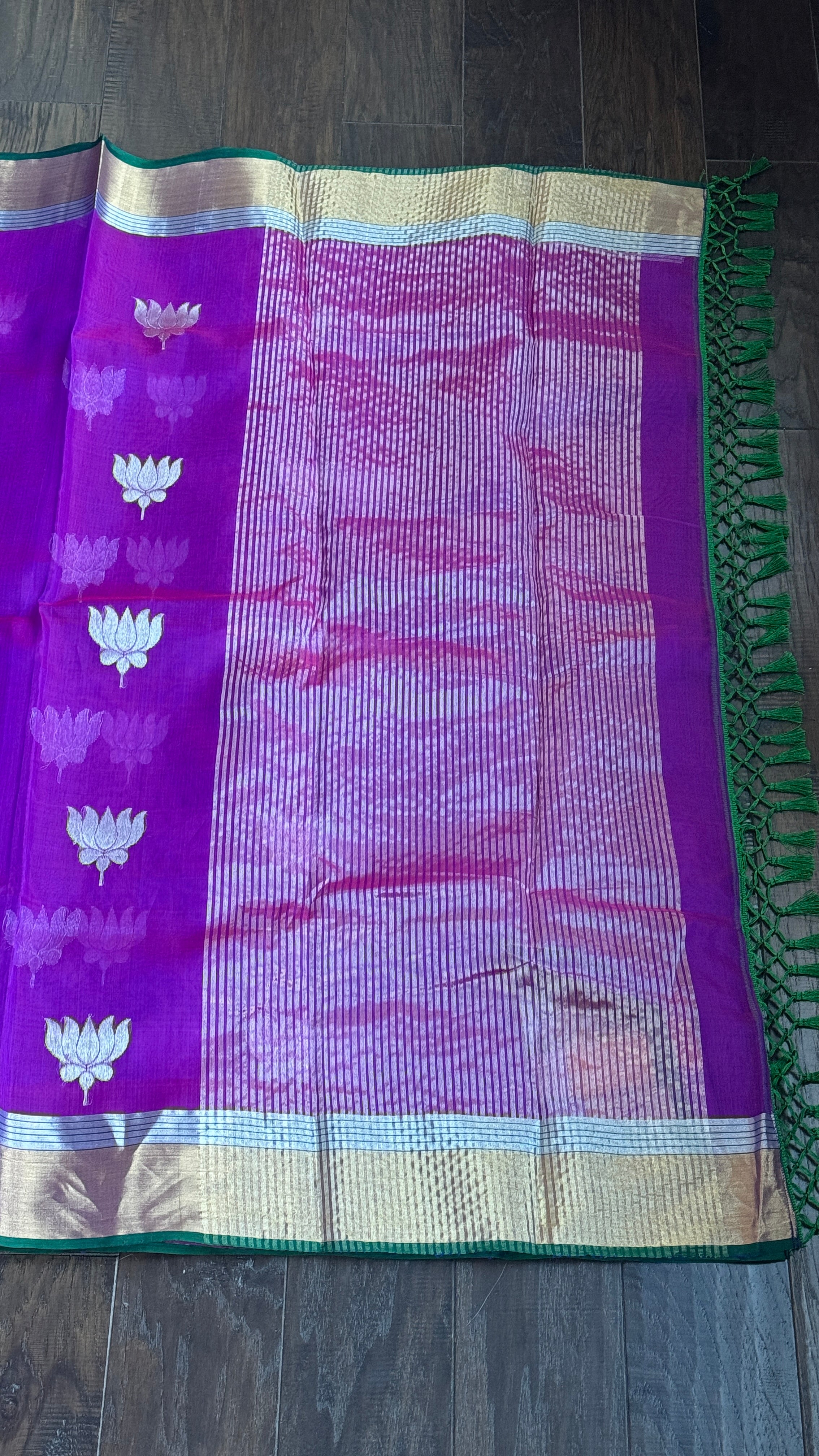 Pure Chanderi Organza Silk - Purple Green Lotus