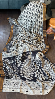 Chinori Silk Kalamkari  - Dusty white Black Elephant