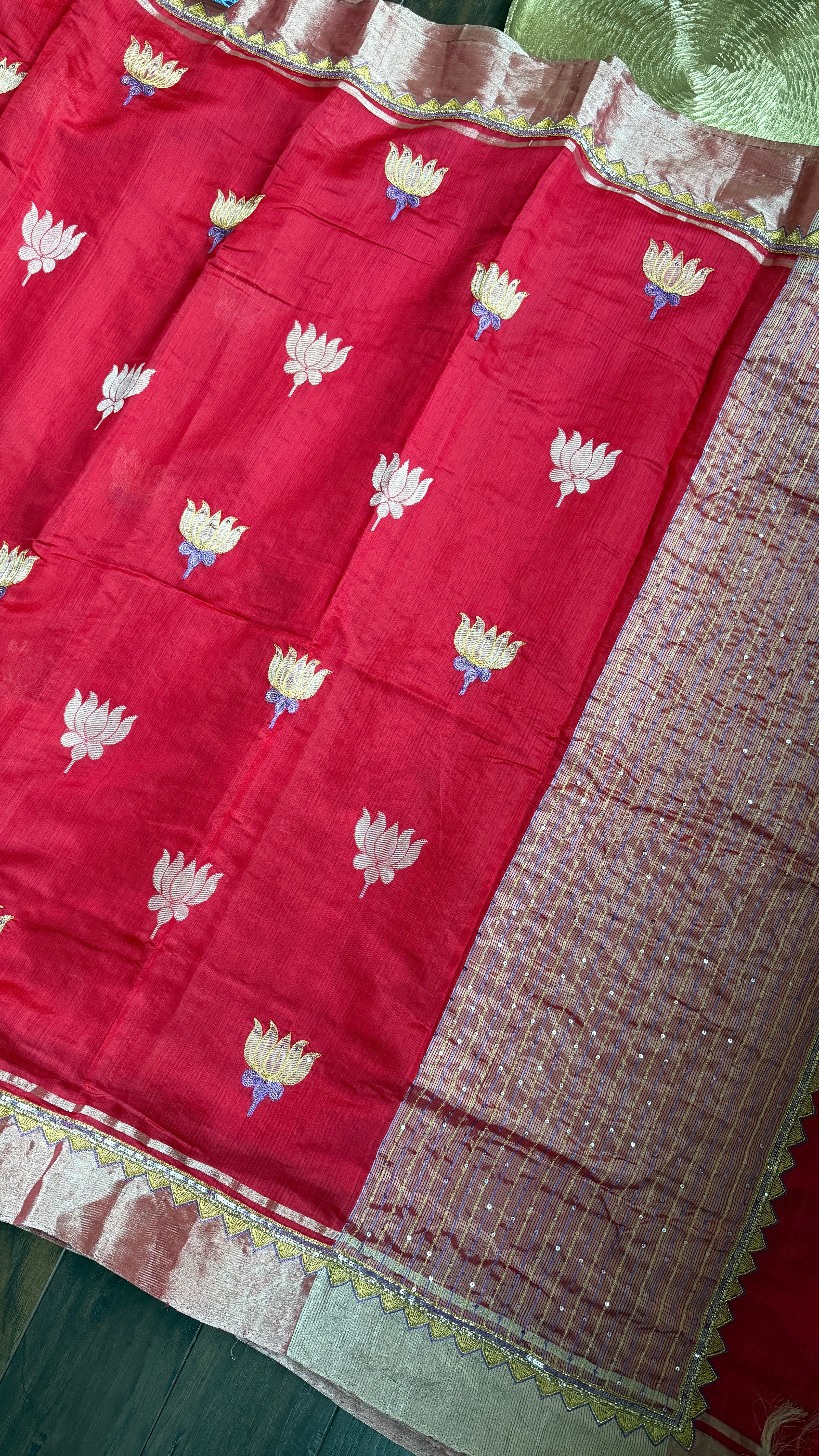 Hand Zardozi Pure Chanderi Pattu Silk - Red Eknaliya Woven