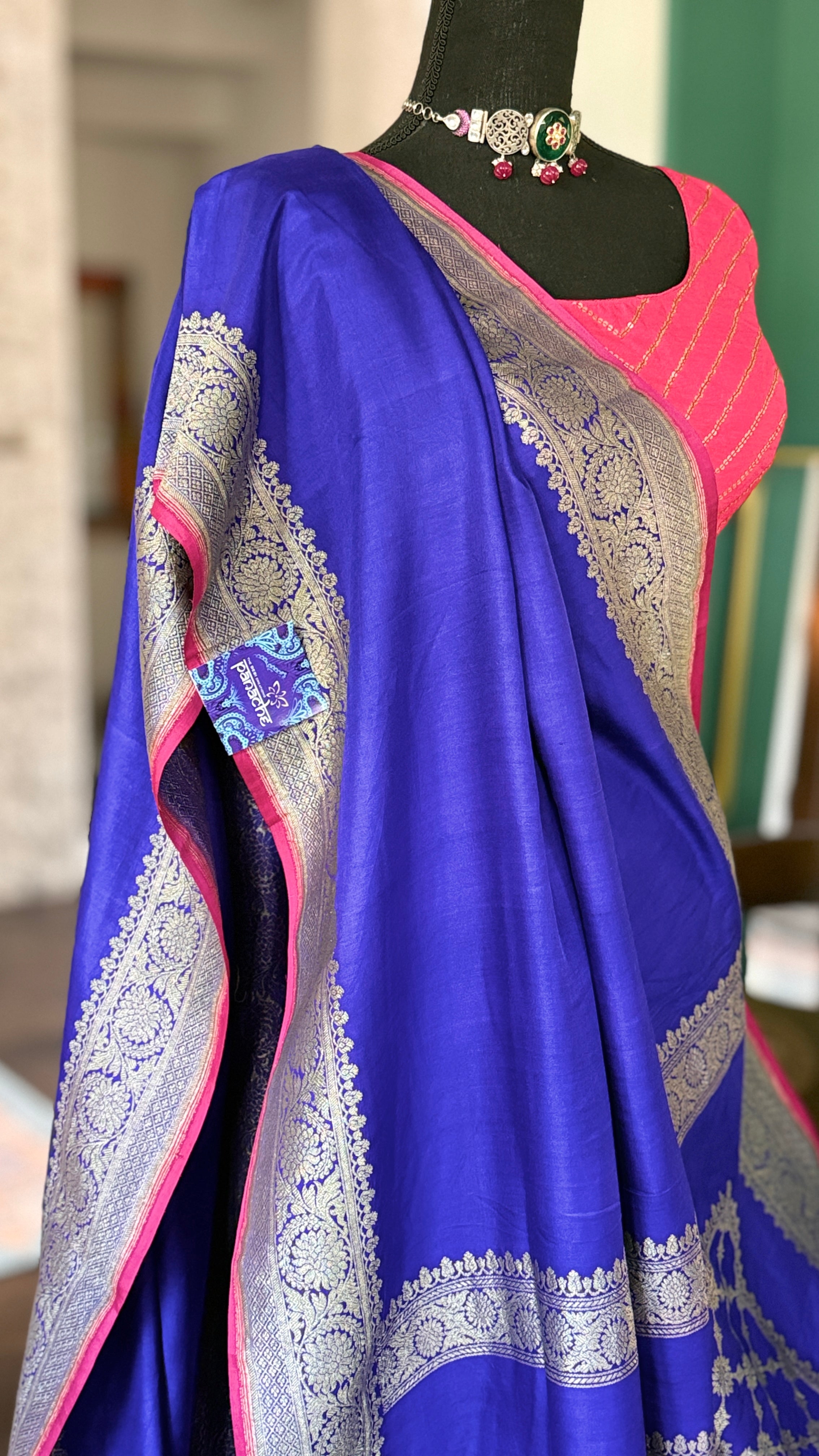 Pure Silk Mashru Banarasi- Purplish Blue Magenta