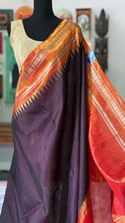 Pure Silk Kuttu Gadwal - Dark Chocolate Brown Orange